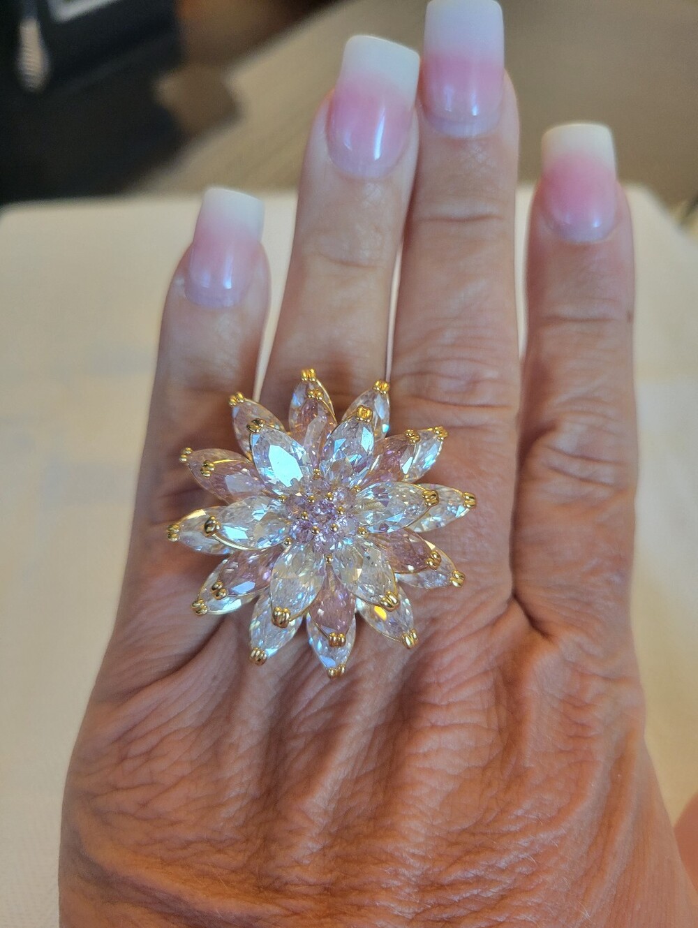 Gold-Tone Floral Crystal Statement Ring - Clear Pink Stones